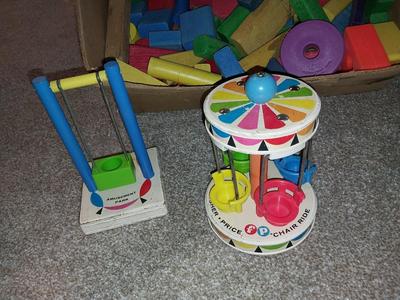 VINTAGE WOODEN BLOCKS AND FISHER PRICE CAROUSEL