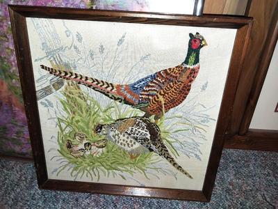 FRAMED VINTAGE STICHED PHEASANT PICTURE