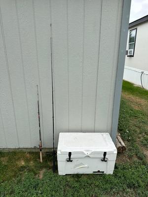 2 FISHING POLES WITH REELS AND A COOLER