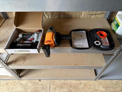 BULLS EYE STUD FINDER, AIR NAILER/STAPLER AND A CORDED POWER DRILL