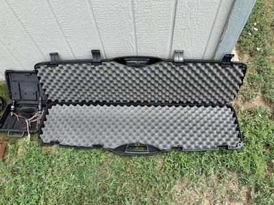 HARD SIDED GUN CASE, GUN REST, EYES AND HEARING PROTECTION, TARGETS AND GAME CALLS