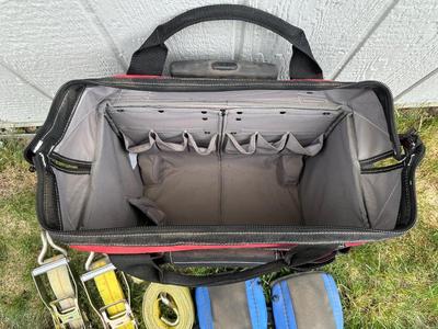 HUSKY TOOL BAG ON WHEELS W/HANDLE, RATCHET STRAPS AND KNEE PADS