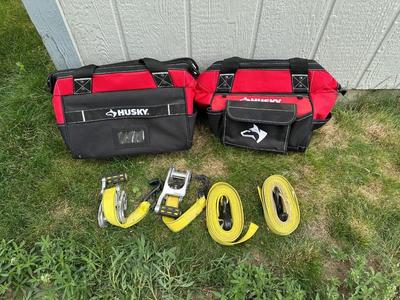 2 HUSKY TOOL BAGS AND RATCHET STRAPS