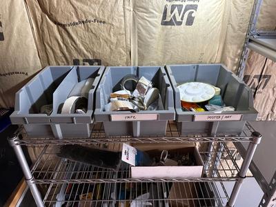 3 STACKING BINS OF VARIOUS TAPE AND HARDWARE