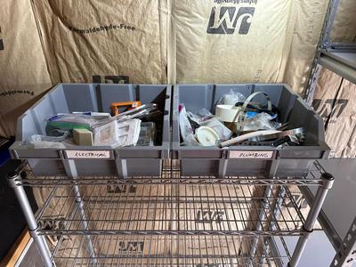 2 STACKING BINS OF ELECTRICAL AND PLUMBING HARDWARE
