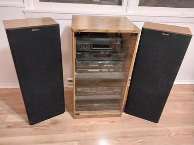 VINTAGE SONY STEREO SYSTEM IN CABINET WITH TOWER SPEAKERS