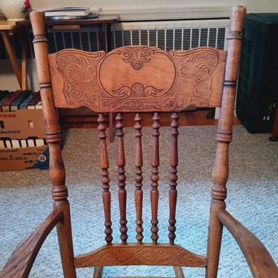 LOT 163: Antique Oak Press Back Rocker with Child's Rocker