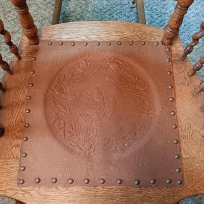 LOT 163: Antique Oak Press Back Rocker with Child's Rocker