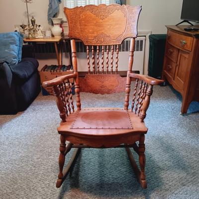 LOT 163: Antique Oak Press Back Rocker with Child's Rocker