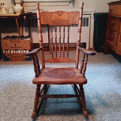 LOT 163: Antique Oak Press Back Rocker with Child's Rocker