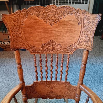 LOT 163: Antique Oak Press Back Rocker with Child's Rocker