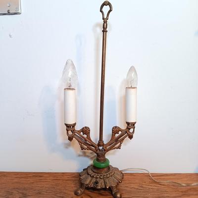 LOT 164: Vintage Cast Metal and Jadeite Lamp with Nightstand