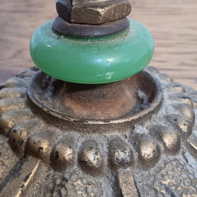 LOT 164: Vintage Cast Metal and Jadeite Lamp with Nightstand