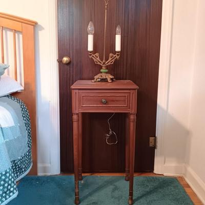 LOT 164: Vintage Cast Metal and Jadeite Lamp with Nightstand