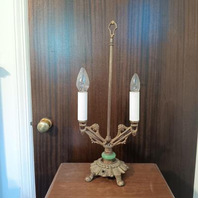 LOT 164: Vintage Cast Metal and Jadeite Lamp with Nightstand