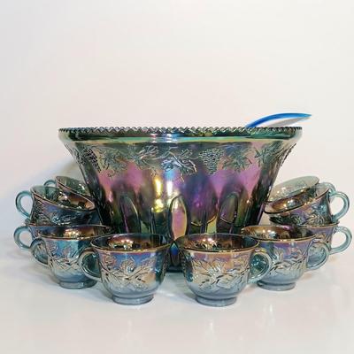 LOT 168: Blue Iridescent Carnival Glass Punch Bowl Set