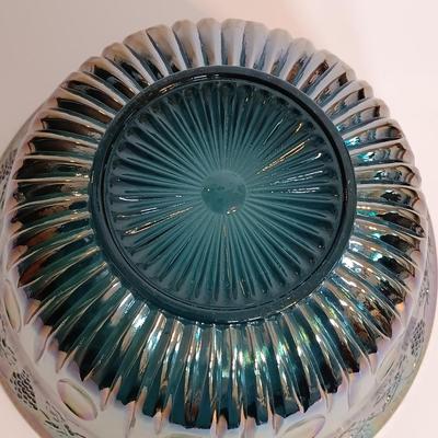 LOT 168: Blue Iridescent Carnival Glass Punch Bowl Set
