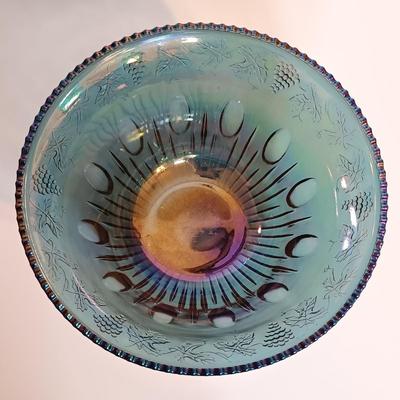 LOT 168: Blue Iridescent Carnival Glass Punch Bowl Set