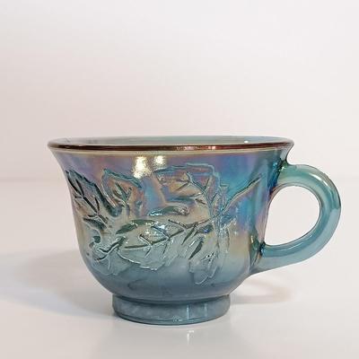 LOT 168: Blue Iridescent Carnival Glass Punch Bowl Set