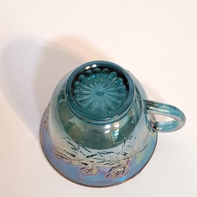 LOT 168: Blue Iridescent Carnival Glass Punch Bowl Set