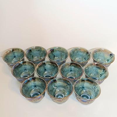 LOT 168: Blue Iridescent Carnival Glass Punch Bowl Set