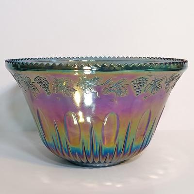 LOT 168: Blue Iridescent Carnival Glass Punch Bowl Set