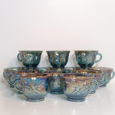 LOT 168: Blue Iridescent Carnival Glass Punch Bowl Set