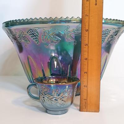 LOT 168: Blue Iridescent Carnival Glass Punch Bowl Set