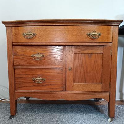 LOT 172: Vintage Oak Wash Stand on Casters