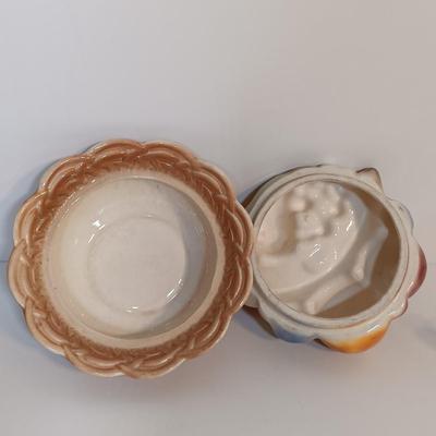 LOT 188: Shawnee Pottery Bud Vase Rooster, Hull Art Pink Magnolia Teapot & Pottery Fruit Basket Serving Bowl