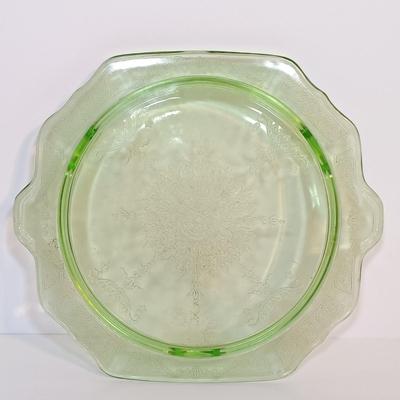 LOT 189: Uranium Glass Covered Candy Dish, Cameo Pattern Cake Tray & Two Plates