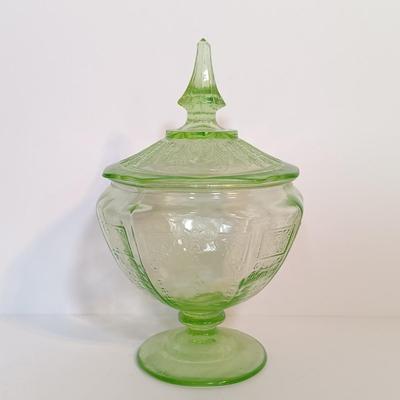 LOT 189: Uranium Glass Covered Candy Dish, Cameo Pattern Cake Tray & Two Plates