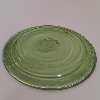 LOT 189: Uranium Glass Covered Candy Dish, Cameo Pattern Cake Tray & Two Plates