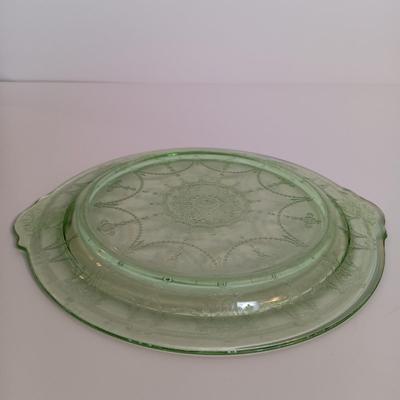 LOT 189: Uranium Glass Covered Candy Dish, Cameo Pattern Cake Tray & Two Plates