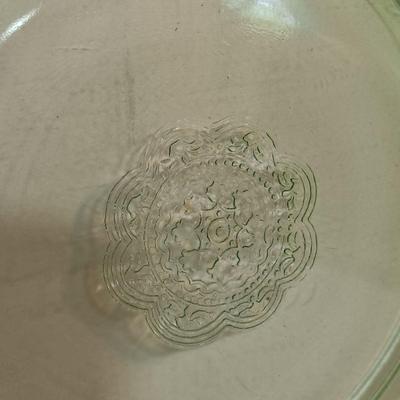 LOT 189: Uranium Glass Covered Candy Dish, Cameo Pattern Cake Tray & Two Plates