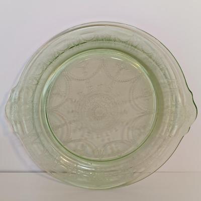 LOT 189: Uranium Glass Covered Candy Dish, Cameo Pattern Cake Tray & Two Plates
