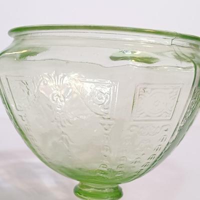 LOT 189: Uranium Glass Covered Candy Dish, Cameo Pattern Cake Tray & Two Plates