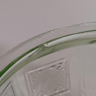 LOT 189: Uranium Glass Covered Candy Dish, Cameo Pattern Cake Tray & Two Plates
