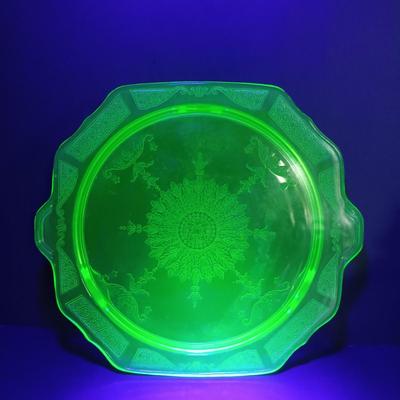 LOT 189: Uranium Glass Covered Candy Dish, Cameo Pattern Cake Tray & Two Plates
