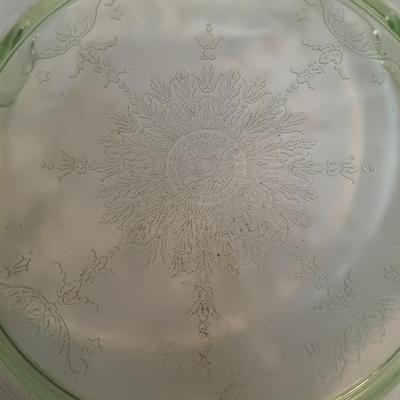 LOT 189: Uranium Glass Covered Candy Dish, Cameo Pattern Cake Tray & Two Plates