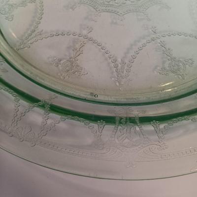 LOT 189: Uranium Glass Covered Candy Dish, Cameo Pattern Cake Tray & Two Plates
