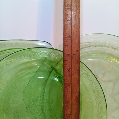 LOT 189: Uranium Glass Covered Candy Dish, Cameo Pattern Cake Tray & Two Plates
