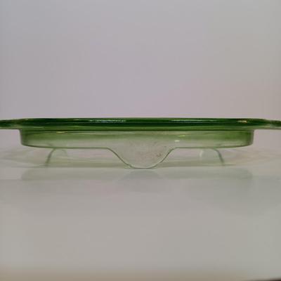 LOT 189: Uranium Glass Covered Candy Dish, Cameo Pattern Cake Tray & Two Plates
