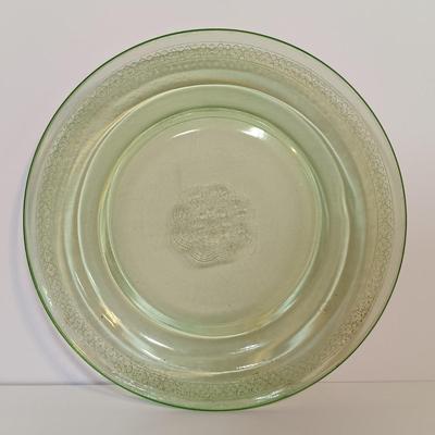 LOT 189: Uranium Glass Covered Candy Dish, Cameo Pattern Cake Tray & Two Plates
