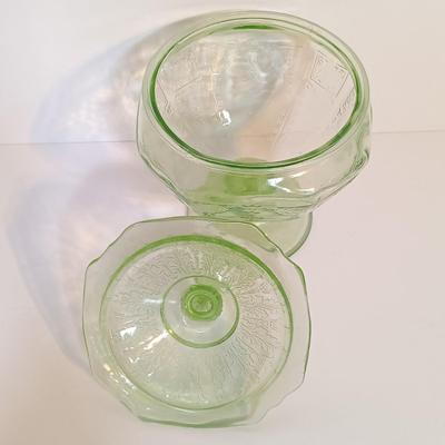 LOT 189: Uranium Glass Covered Candy Dish, Cameo Pattern Cake Tray & Two Plates