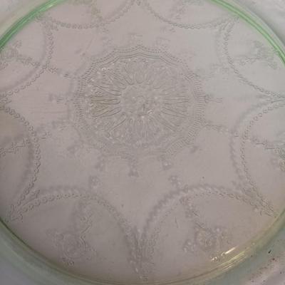 LOT 189: Uranium Glass Covered Candy Dish, Cameo Pattern Cake Tray & Two Plates