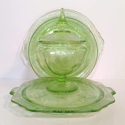 LOT 189: Uranium Glass Covered Candy Dish, Cameo Pattern Cake Tray & Two Plates