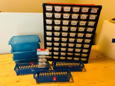 60 DRAWER ORGANIZER BIN, SMALL PENCIL BOX SIZE TOTES AND OTHER HANDY ORGANIZERS