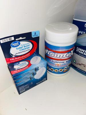 TRIO OF DAZZ CLEANERS, BLEACH,CARPET CLEANER, TOILET BOWL TABLETS, DISINFECTING WIPES AND MORE