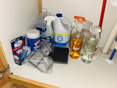 TRIO OF DAZZ CLEANERS, BLEACH,CARPET CLEANER, TOILET BOWL TABLETS, DISINFECTING WIPES AND MORE
